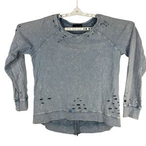 Mustard Seed Distressed L Crewneck Sweatshirt Back Zip Feature Blue Long Sleeve